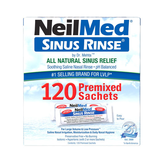 NeilMed Sinus Rinse packaging with 120 premixed sachets on a white background