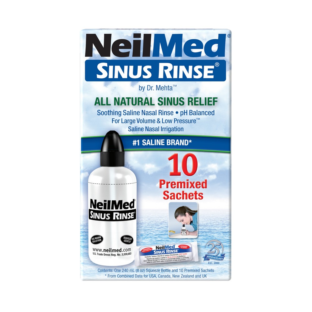 NeilMed Sinus Rinse packaging with a bottle illustration and text on a white background