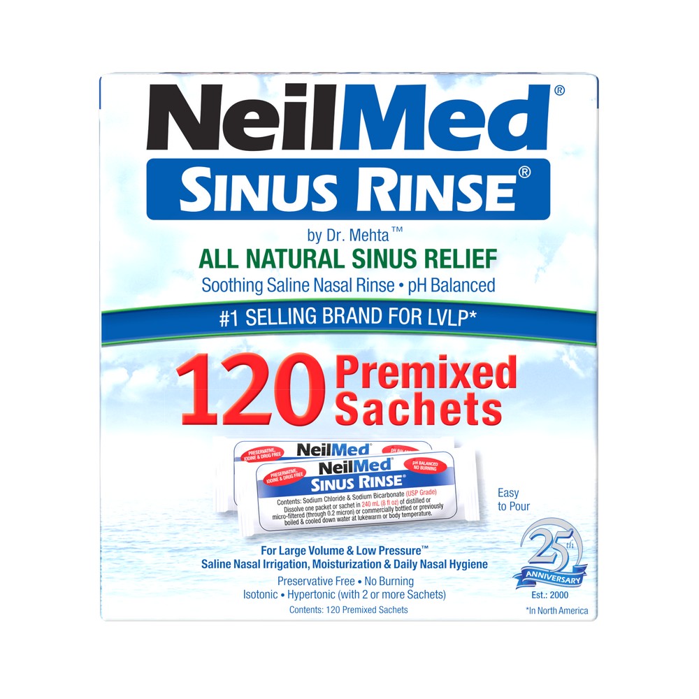 NeilMed Sinus Rinse packaging with 120 premixed sachets on a white background
