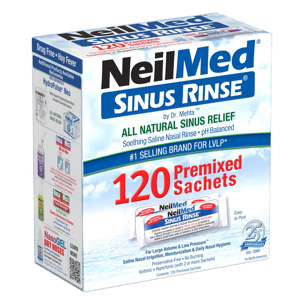 Box of NeilMed Sinus Rinse with 120 premixed sachets on a white background