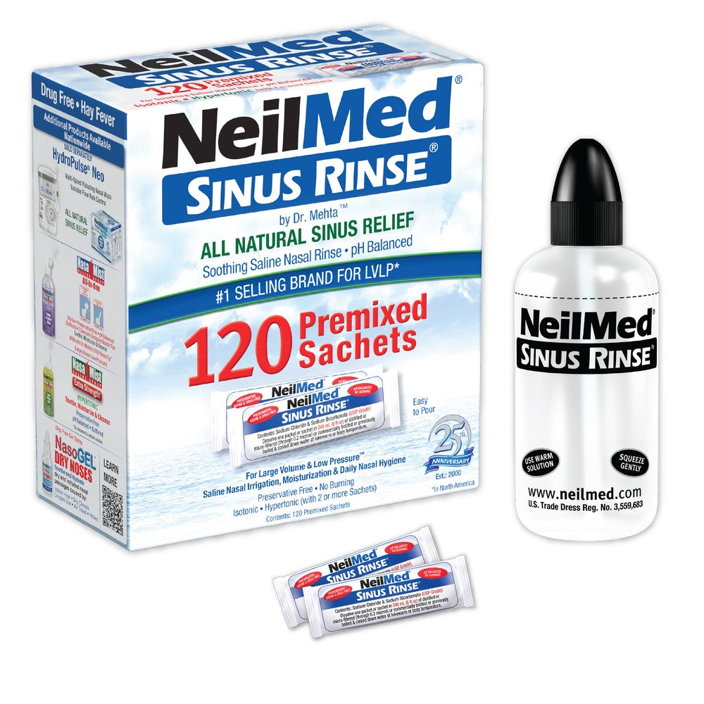 NeilMed Sinus Rinse packaging with a bottle and sachets on a white background