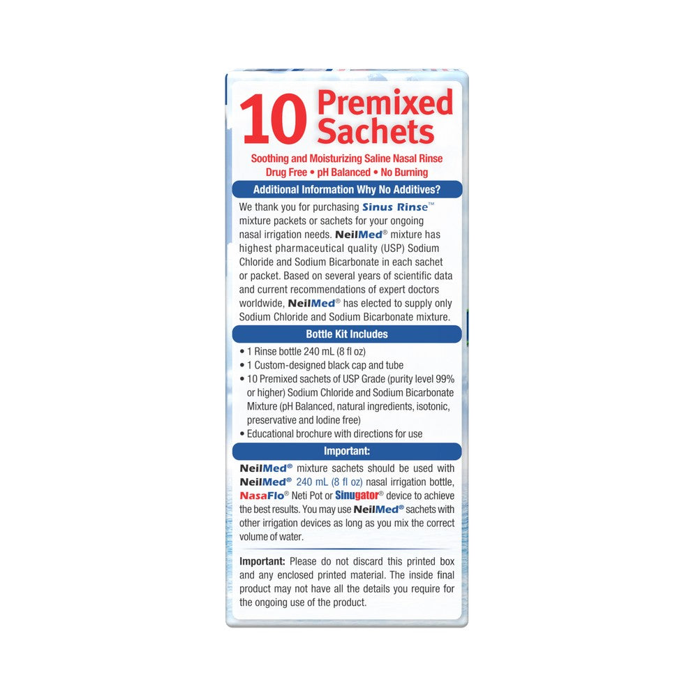Box of 10 premixed sachets for sinus rinse on a white background