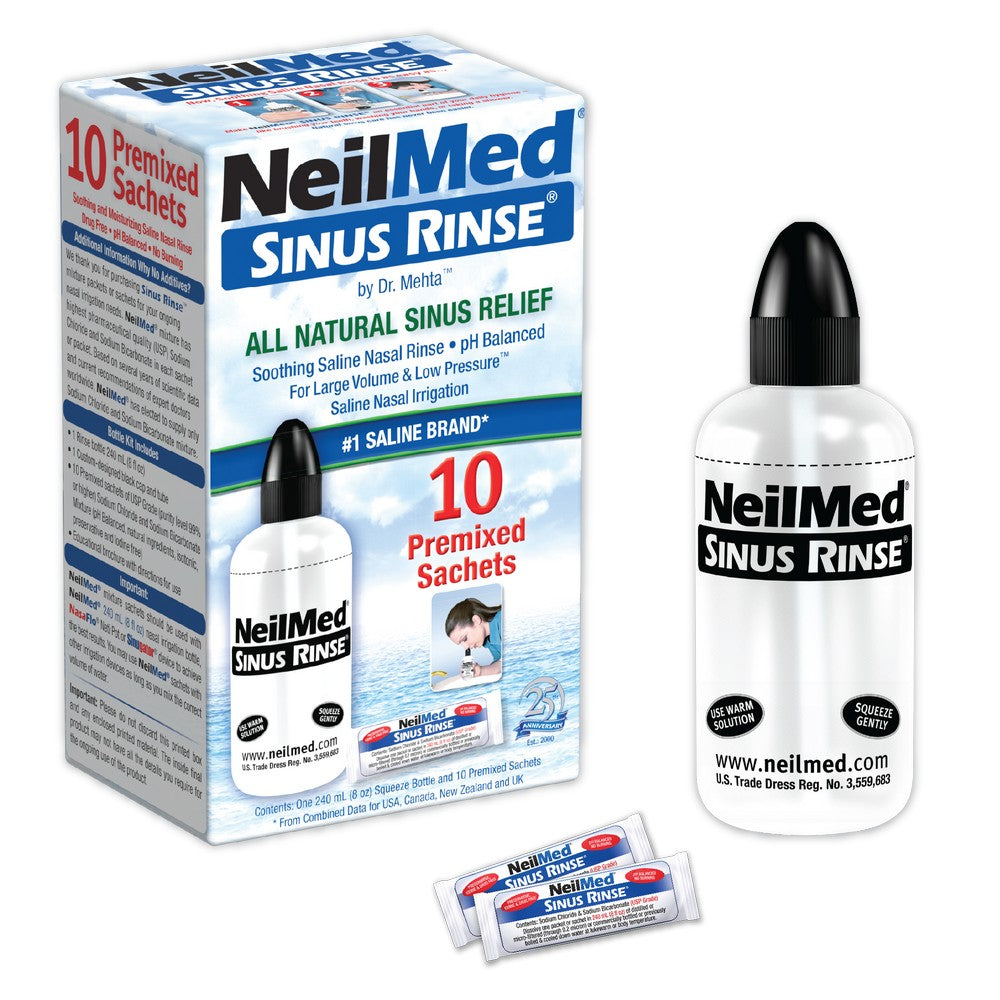 NeilMed Sinus Rinse packaging with bottle and sachets on a white background